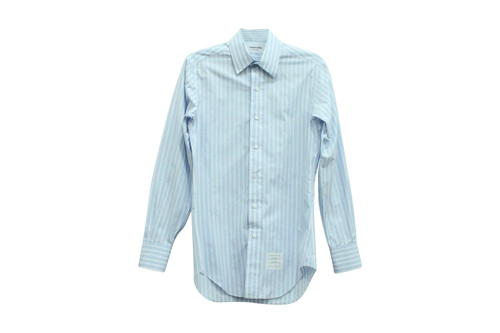Thom Browne Stripe Long Sleeve Button Down Shirt in Blue Cotton 7766519775292