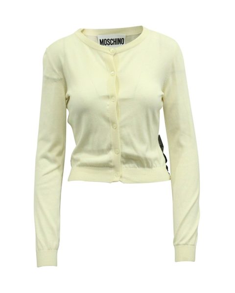 Moschino Bow Embellished Knit Cardigan in Cream and Black Polyamide 7766520758332