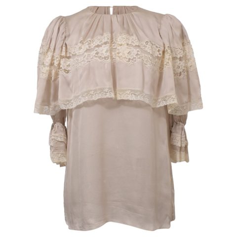 Dolce & Gabbana Ruffle Lace Top Blouse in Beige Silk 7766520594492