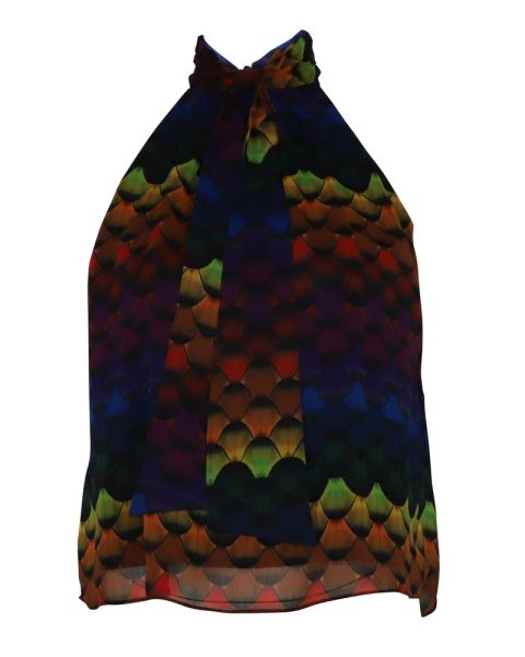 Alice + Olivia Leia Tie Neck Halter Blouse in Glam Feather Multicolor Polyester 7766535405628
