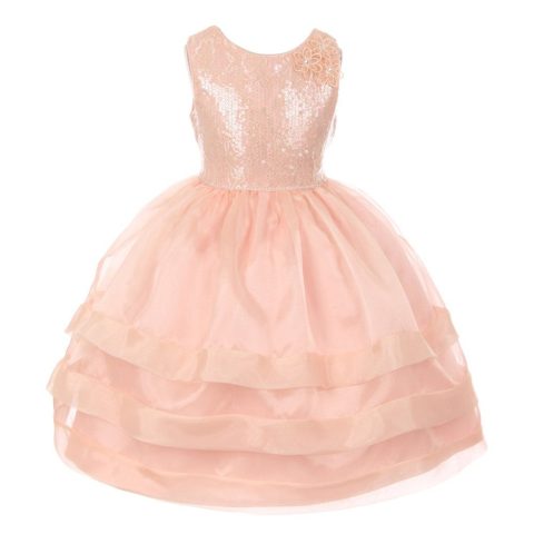 RainKids Big Girls Blush Sequin Lace Organza Junior Bridesmaid Dress 8-12