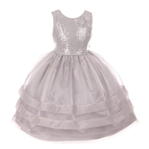 RainKids Little Girls Silver Sequin Lace Organza Overlaid Flower Girl Dress 2-6