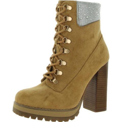 Train-R Faux Suede Rhinestone Combat & Lace-up Boots