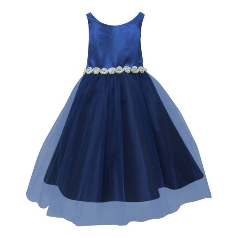 Little Girls Royal Blue Satin Rhinestone Tulle Occasion Dress 2T-6