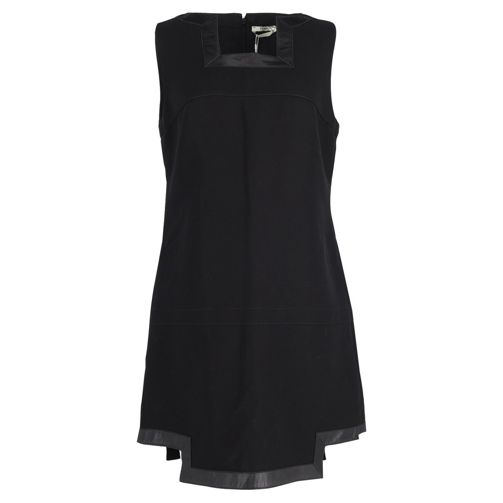 Fendi Sleeveless Leather Trimmed Dress in Black Wool