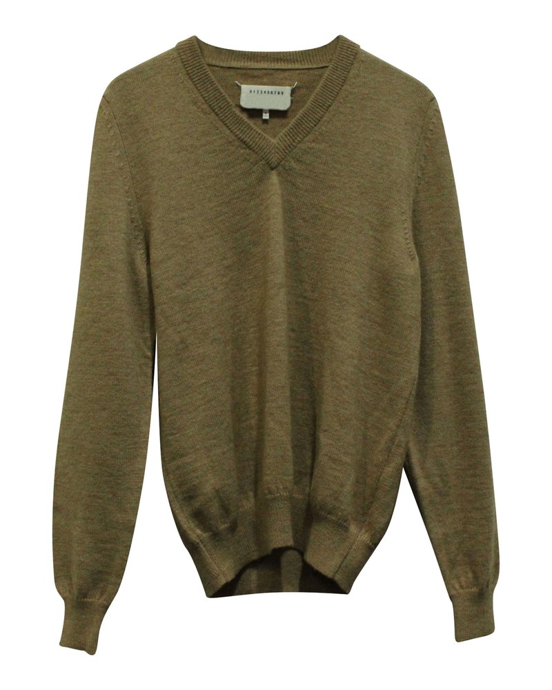 Maison Margiela V-neck Sweatshirt with Elbow Patch in Brown Wool 7766537601084