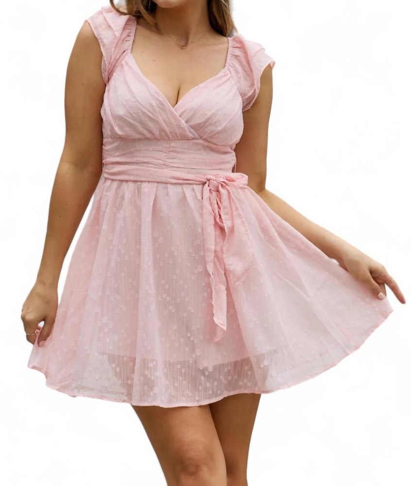 Short Sleeve Lace Woven Dress In Pink 7766566404156