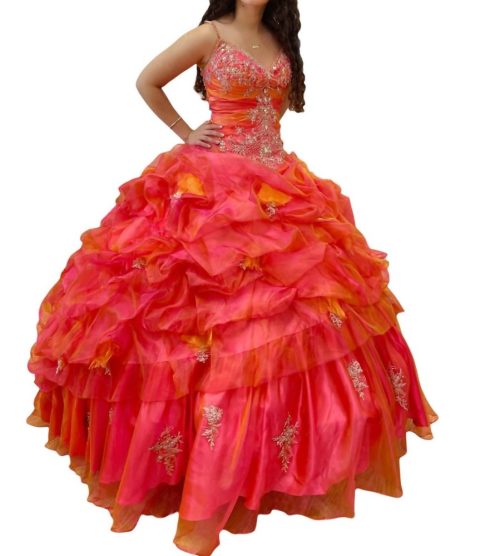 Quinceañera V-Neck Dress In Cherry/gold 7766574530620