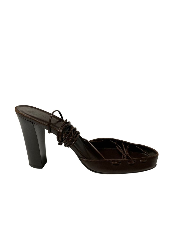 Bottega Veneta Lace Up Strappy Sandals with Wooden Heels in Brown Leather 7766574661692