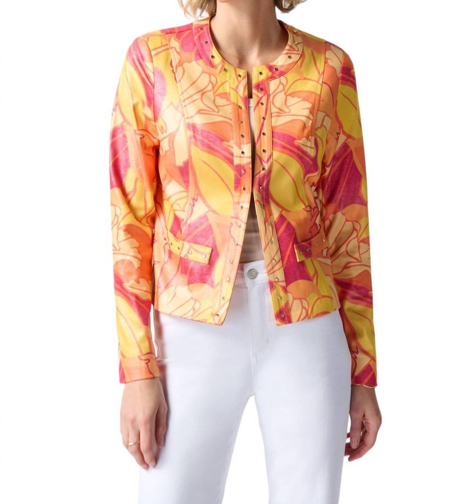 Tropical Print Faux Leather Jacket In Pink/multi 7676692398140