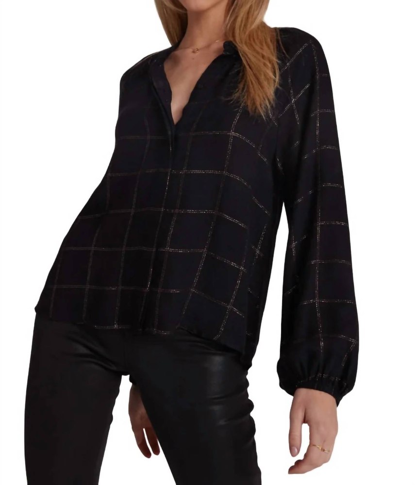 Long Sleeve Shirred Raglan Top In Copper Shine Plaid 7766589734972