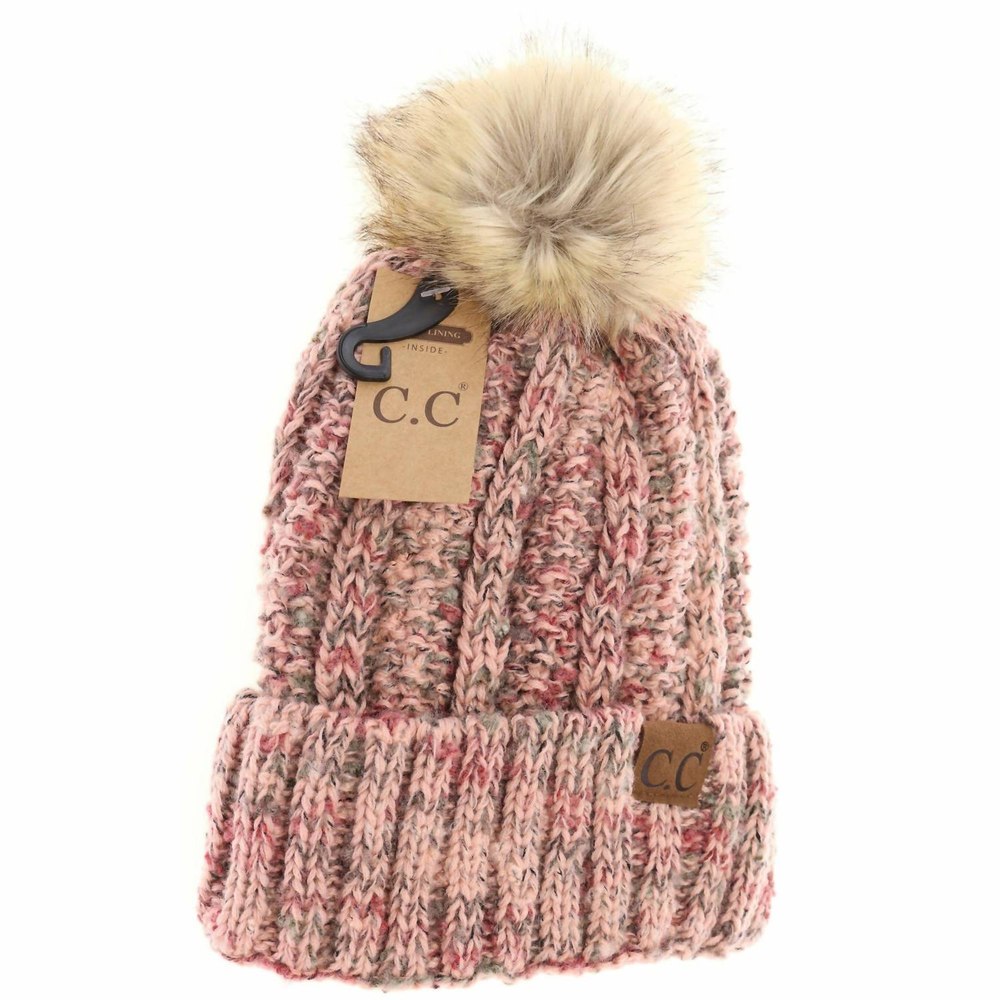 Women’s Fuzzy Lined Popcorn Confetti Fur Pom Beanie In Rose Multi