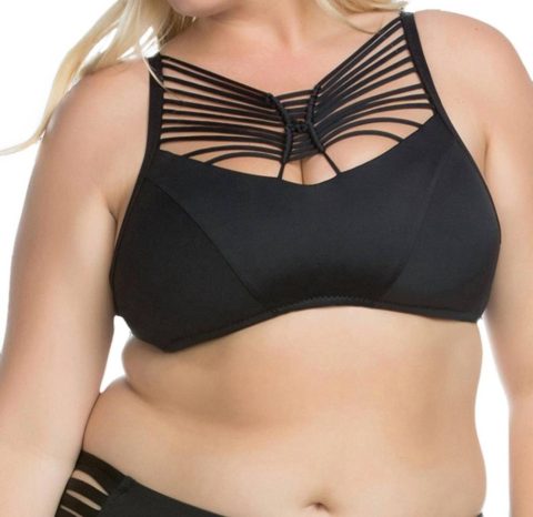 Electric Current Macrame High Neck Halter Bikini Top – Plus In Black 7676722643004