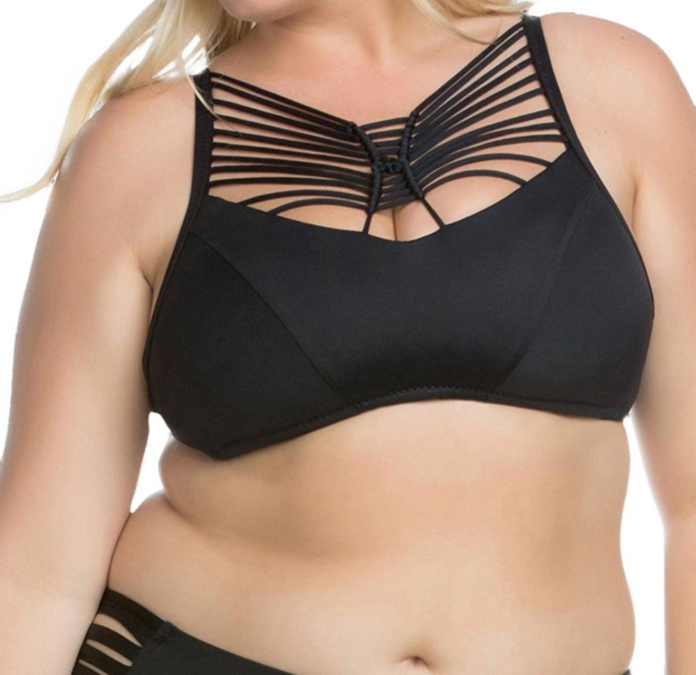 Electric Current Macrame High Neck Halter Bikini Top – Plus In Black 7676722643004