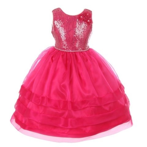 RainKids Big Girls Fuchsia Sequin Lace Organza Junior Bridesmaid Dress 8-12