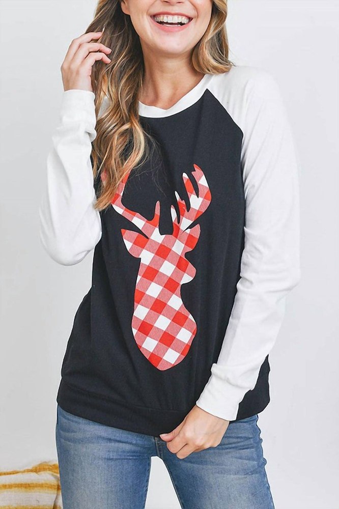 Deer Plaid Raglan Top In Black 7766603333692