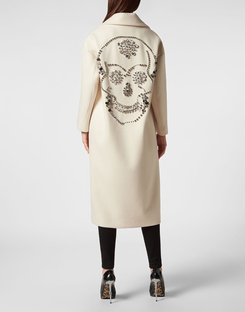Oversized Wool Long Coat Castoni Skull 7676763406396