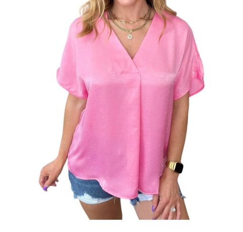 Pleat Front V-Neck Top In Pink Cosmos 7766639870012