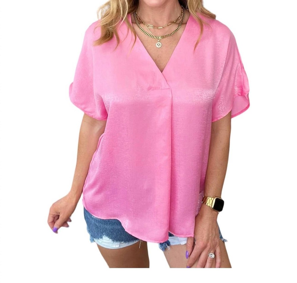 Pleat Front V-Neck Top In Pink Cosmos 7766639870012