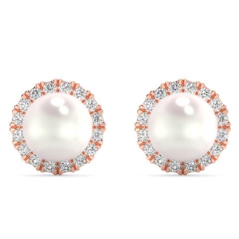6mm Pearl & Diamond Halo Studs Women’s 14k Gold Earrings Lab Grown