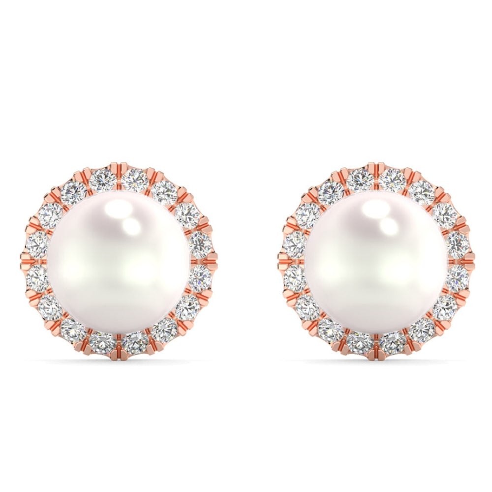 6mm Pearl & Diamond Halo Studs Women’s 14k Gold Earrings Lab Grown