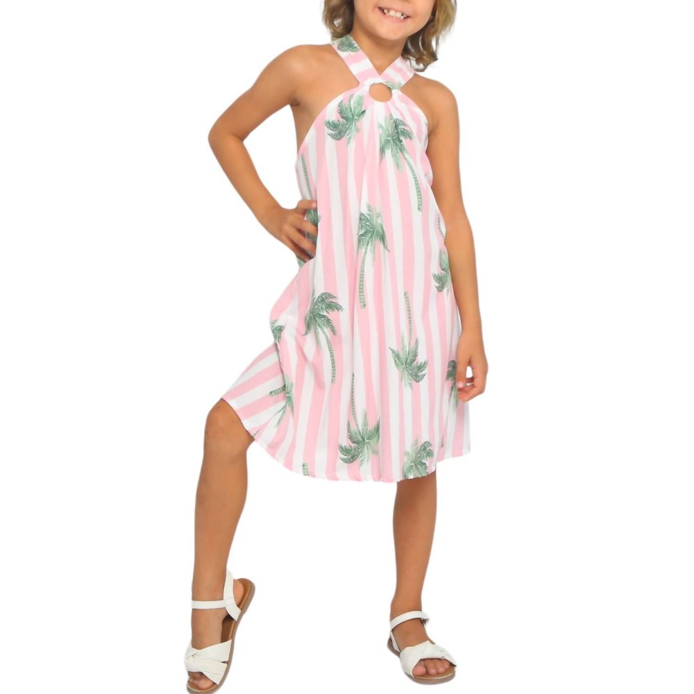 Girl’s Keyhole Halter Dress In Palm Stripe 7766631940156