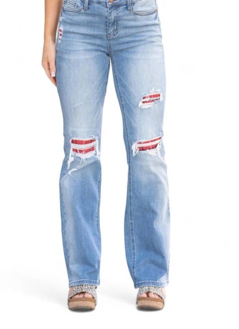 Plaid Patch Detail Bootcut Jean In Medium Blue 7766645145660