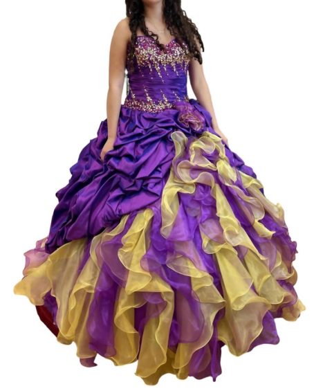 Quinceañera Off Shoulder Ruffle Dress In Purple/gold 7766651764796