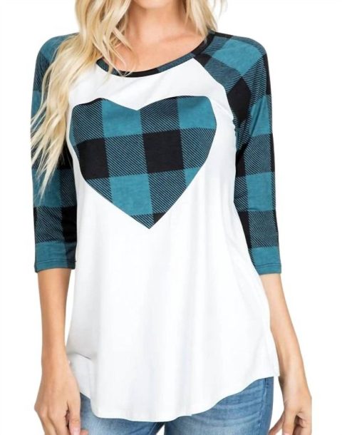 Plaid Heart Raglan Tee In Teal/white 7766649503804