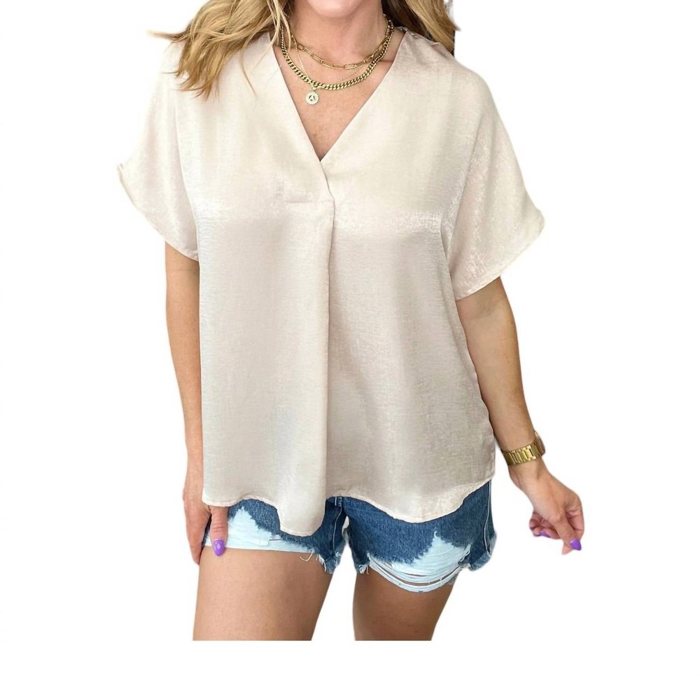 Pleat Front V-Neck Top In Taupe 7766656876604