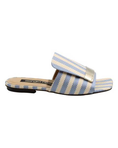 Sergio Rossi Striped Flat Slides in Blue Canvas 7766680076348