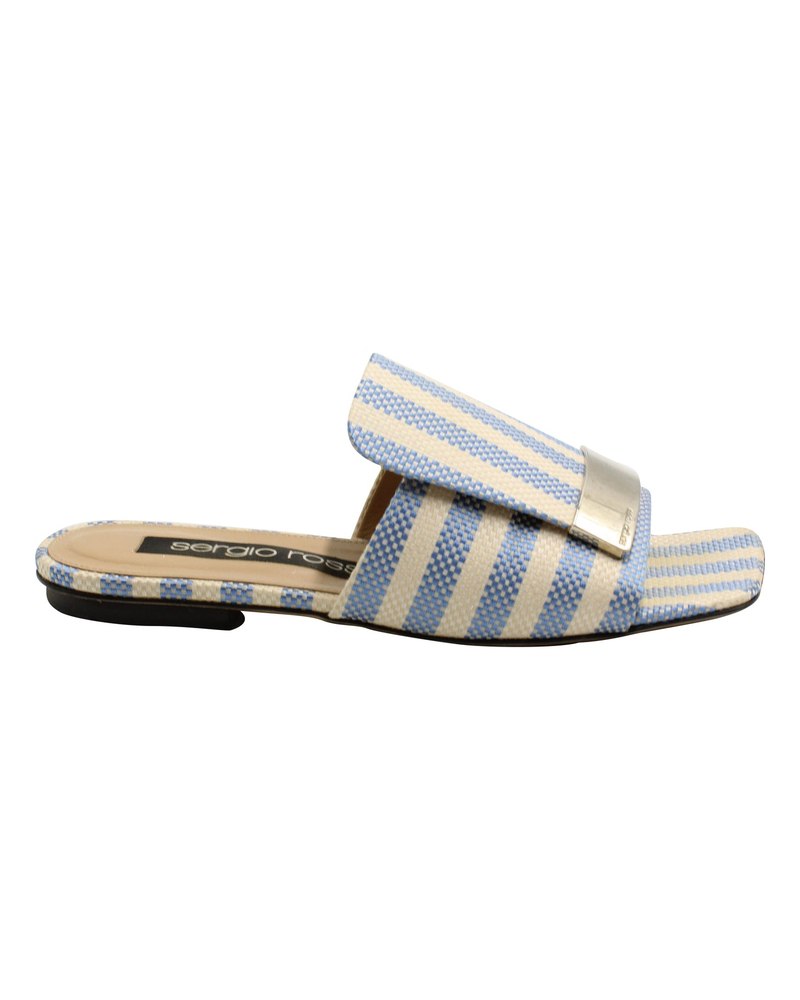 Sergio Rossi Striped Flat Slides in Blue Canvas 7766680076348