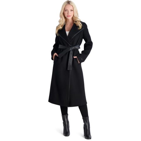 Juliette Wool Blend Double Face Faux Leather Trim Belted Coat