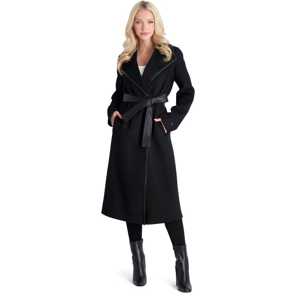 Juliette Wool Blend Double Face Faux Leather Trim Belted Coat