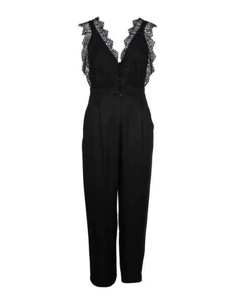 Sandro Floral Lace and Gabardine Jumpsuit in Black Lyocell 7766681354300