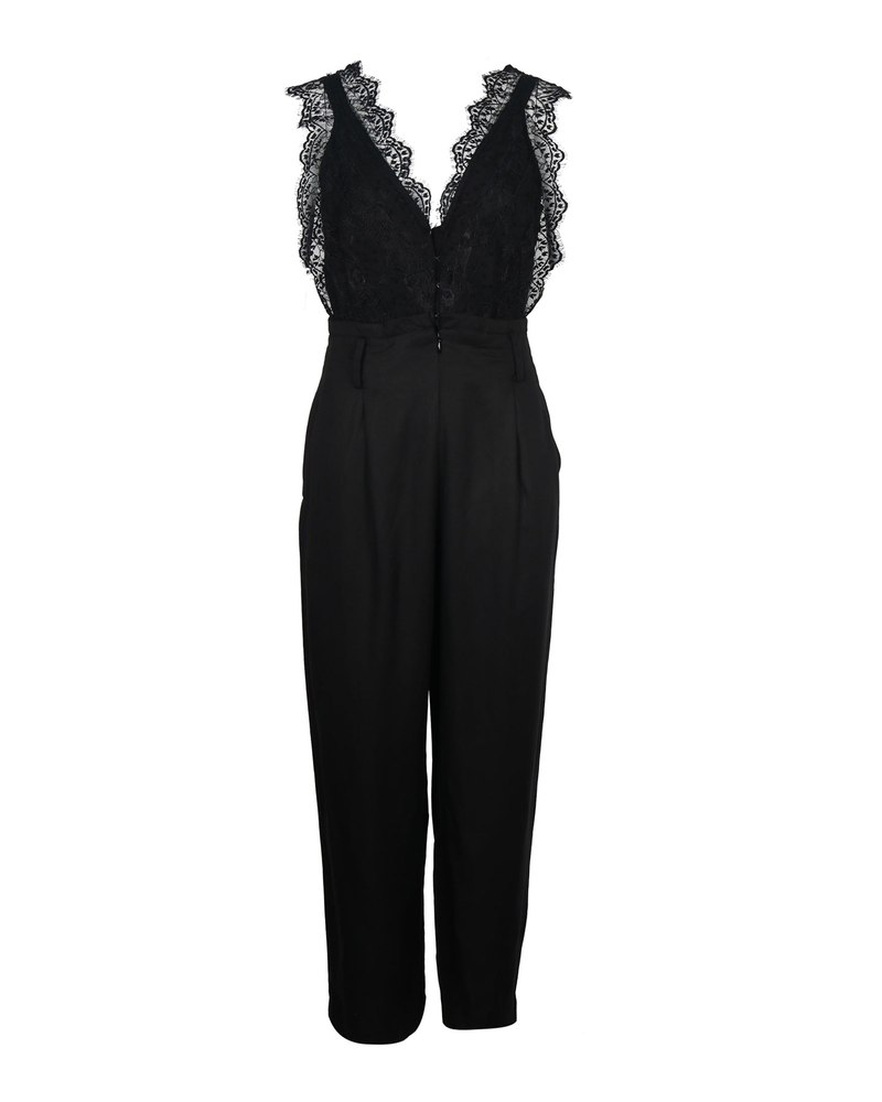 Sandro Floral Lace and Gabardine Jumpsuit in Black Lyocell 7766681354300