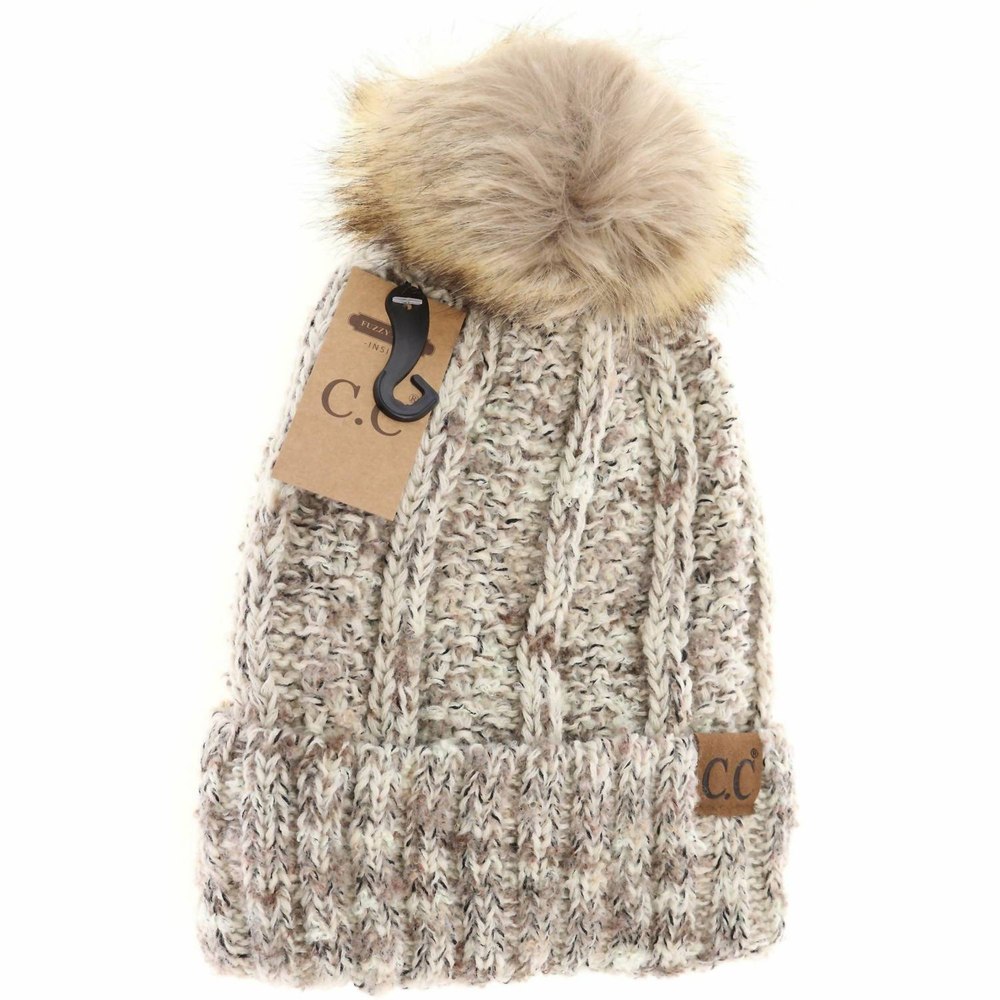 Women’s Fuzzy Lined Popcorn Confetti Fur Pom Beanie In Beige Multi