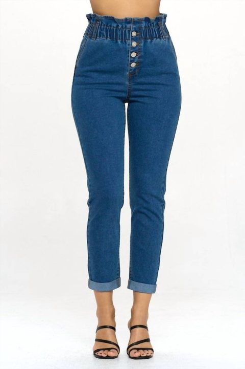 Paperbag Smocked Waist Buttonfly Jeans In Denim 7766685057084