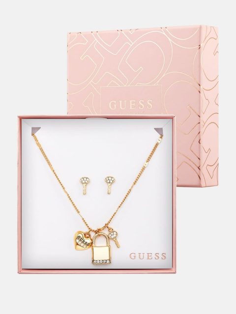 Gold-Tone Lock Charm Necklace and Key Earrings Box Set