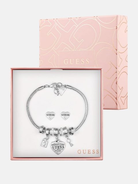 Silver-Tone Charm Bracelet and Heart Earrings Box Set