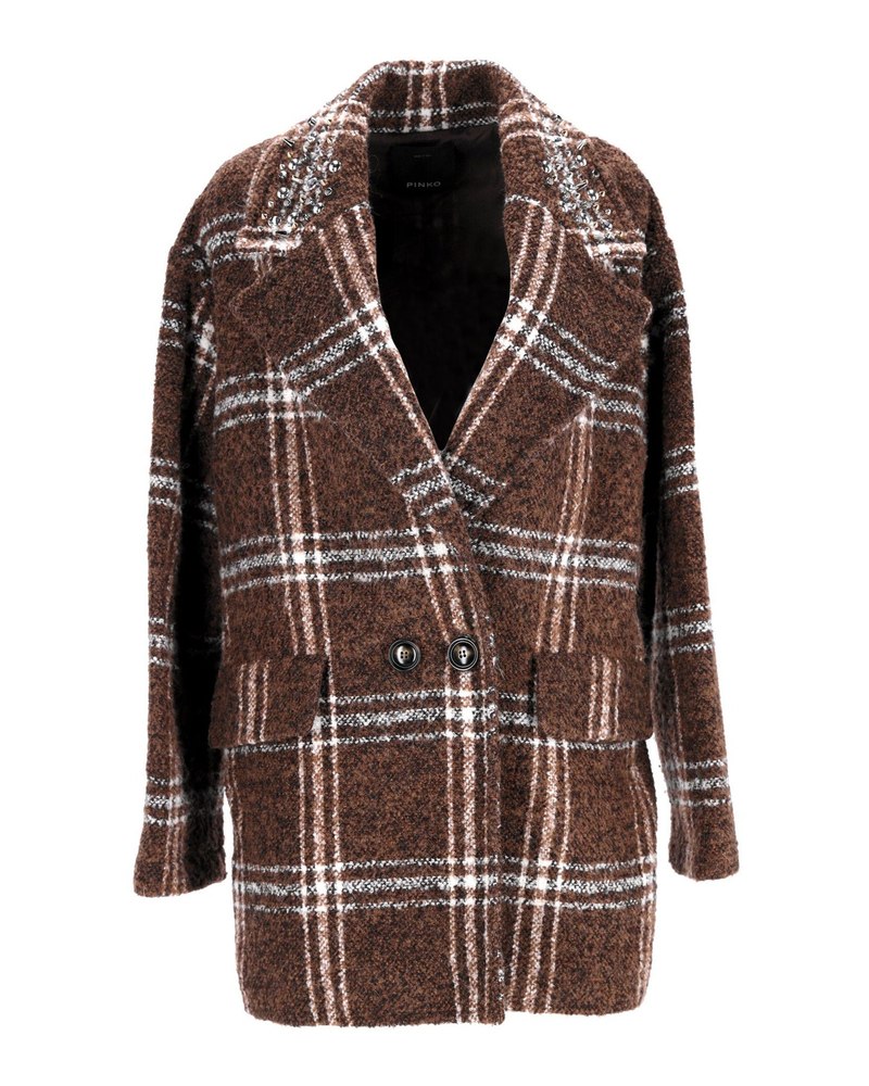 Pinko Double-Breasted Check Coat in Brown Polyester 7766690594876