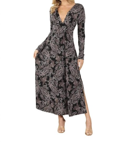 Long Sleeve Deep V Maxi Dress In Delano 7703527325756