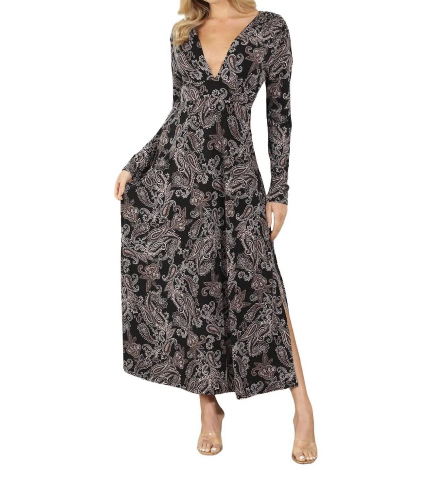Long Sleeve Deep V Maxi Dress In Delano 7703527325756