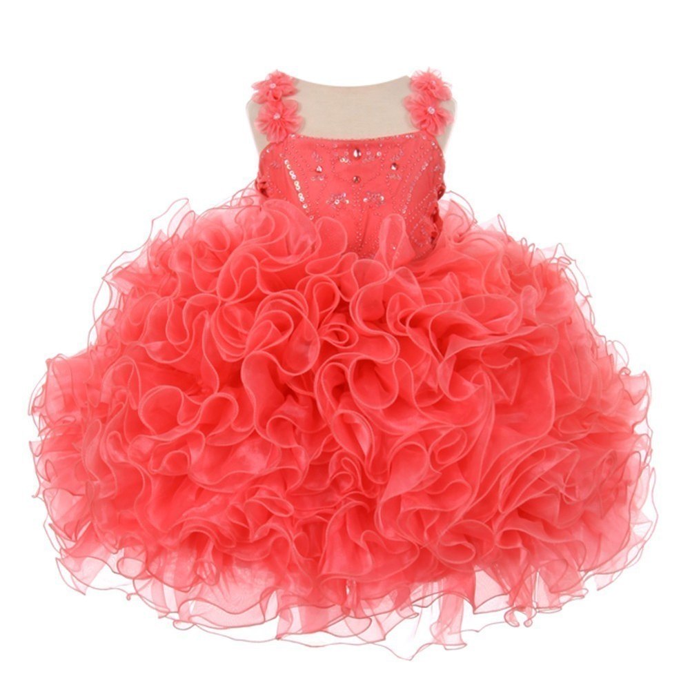 RainKids Little Girls Coral Beaded Cascade Ruffle Organza Pageant Dress 2-6