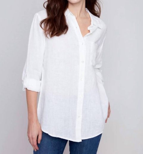 Long Linen Button Down Shirt In White 7803851046972