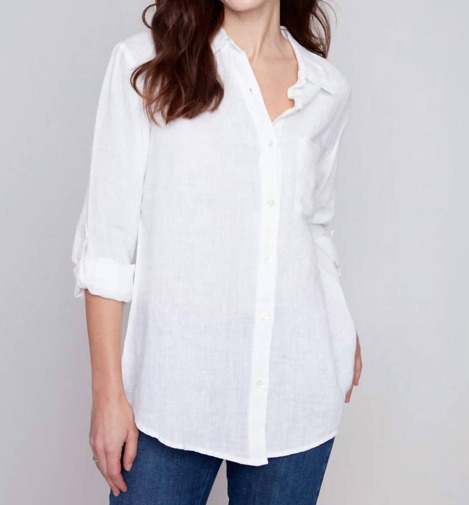 Long Linen Button Down Shirt In White 7803851046972