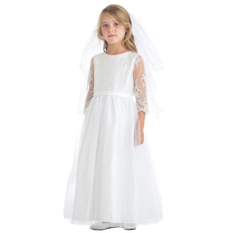 Big Girls White Embroidered Lace Scallop Communion Dress 7-16