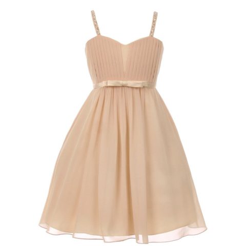Big Girls Champagne Sequin Bead Chiffon Flower Girl Dress 8-16