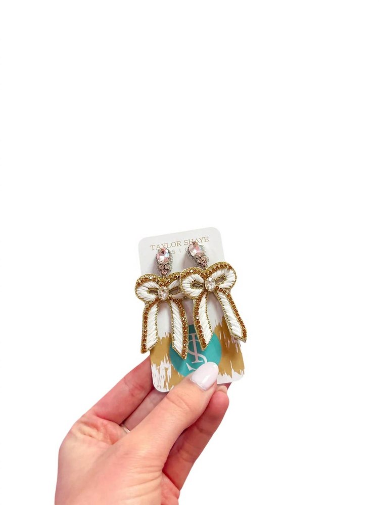 Women’s Beaded Bow Drop Earrings In White 7832085528636