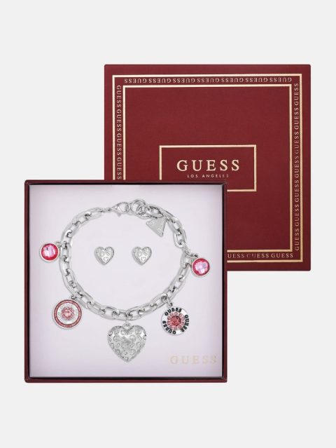 Silver-Tone Heart Charm Bracelet and Earrings Box Set 7832121737276